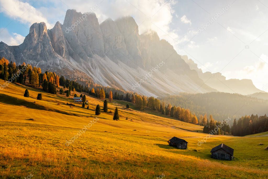 Beautiful autumn colors at the foot of the Odle Mountains in the backdrop of the Seceda Mountains at sunset in the Dolomites, Trentino Alto Adige, Val di Funes Valley, South Tyrol in Italy