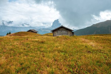 Dağ çayırı ve Gardena Vadisi ve Seceda Tepesi 'ndeki evler, arka plan Alpe di Siusi veya Seiser Alm ile Bolzano, Güney Tyrol ile birlikte İtalya, Avrupa' daki Dolomitler 'de