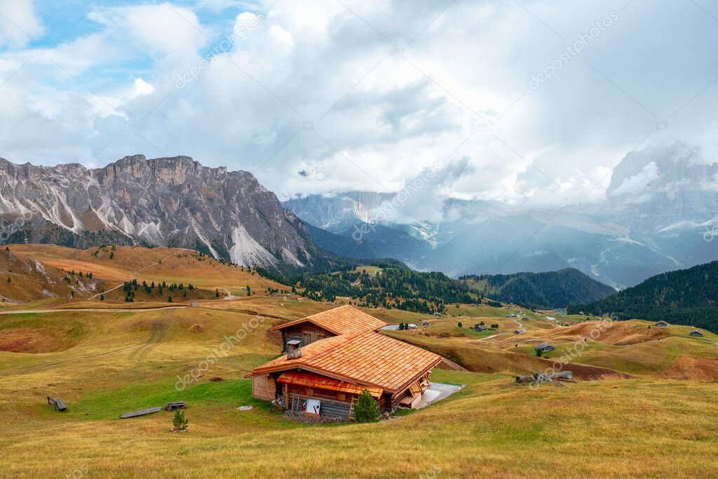 Beautiful Seceda mountains and stunning views of the Odle Mountains and Dolomites mountains, Val Gardena, Trentino Alto Adige,  South Tyrol in Italy