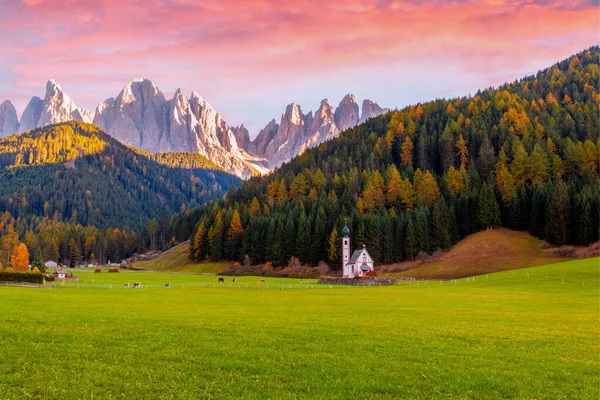 Famoso Pueblo Santa Maddalena Los Colores Otoño Fondo Cordillera Odle —  Fotos de Stock