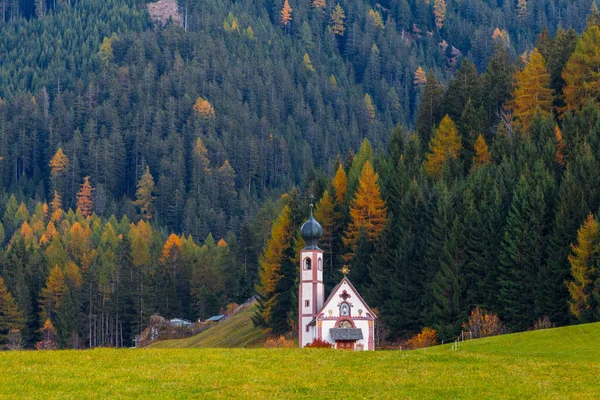 Célèbre Village Santa Maddalena Aux Couleurs Automne Dans Fond Chaîne — Photo