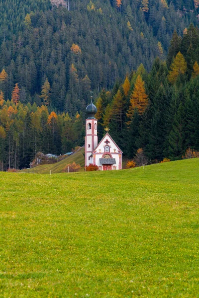 Célèbre Village Santa Maddalena Aux Couleurs Automne Dans Fond Chaîne — Photo