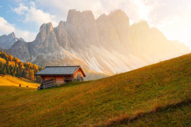 Dolomitlerdeki Seceda Dağları 'nın arka planında, Odle Dağları' nın eteklerinde güzel sonbahar renkleri, Trentino Alto Adige, Val di Funes Valley, İtalya 'da Güney Tyrol, Avrupa
