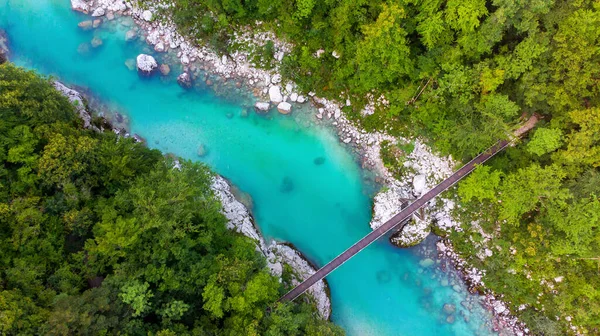 Légi Kilátás Türkiz Kék Soca Folyó Isonzo Híd Közelében Bovec — Stock Fotó