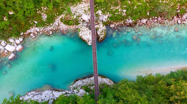 Vue Aérienne Fleuve Soca Bleu Turquoise Isonzo Pont Bois Près — Photo