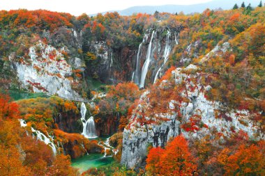 Hırvatistan 'ın Plitvice milli parkındaki güzel sonbahar renklerine ve muhteşem şelale manzarasına sahip ünlü Plitvice gölleri. Avrupa