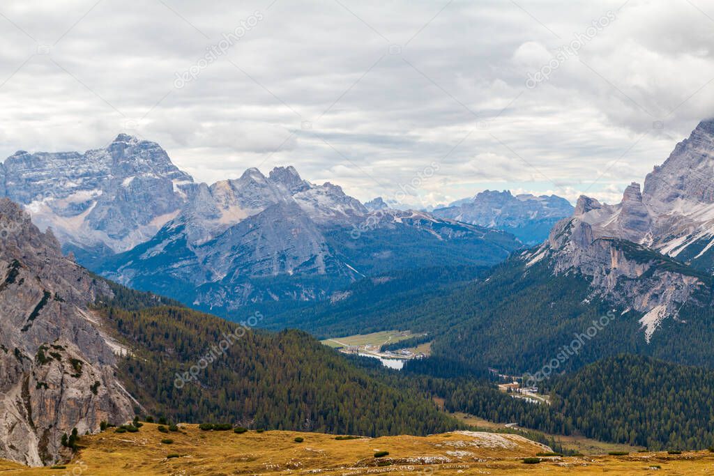 Famous Dolomites giant mountains peaks, near Drei Zinnen  ( Tre Cime di Lavaredo) the South Tyrol in Italy
