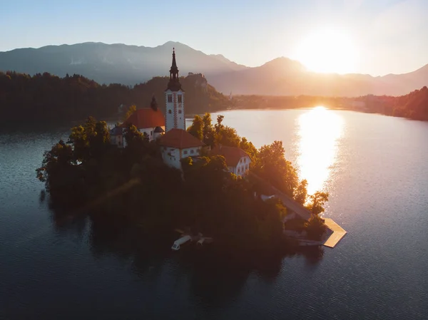 Aerial View Beautiful Lake Bled Middle Charming Little Island Wonderful — Stock Photo, Image