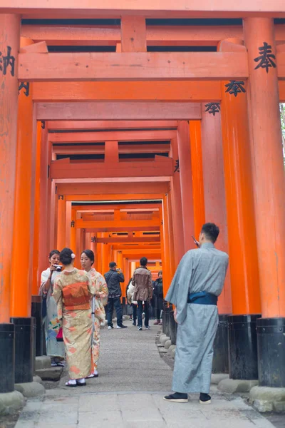 Japonais fille en kimono robe marcher et voir rouge torii à Fushimi Inari-taisha sanctuaire — Photo