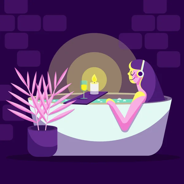 Mulher Relaxar Casa Toma Banho Luz Velas Ouve Música Ilustração —  Vetores de Stock