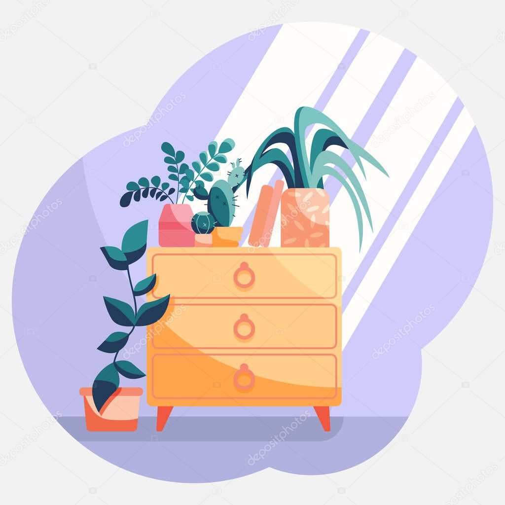  Potted house plants on the cabinet and on the floor, sunlight rays and glares on the wall. Vector illustration