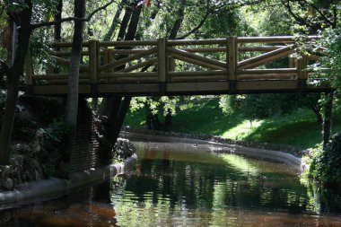 Retiro Parkı 'ndaki su üzerindeki tahta köprü.