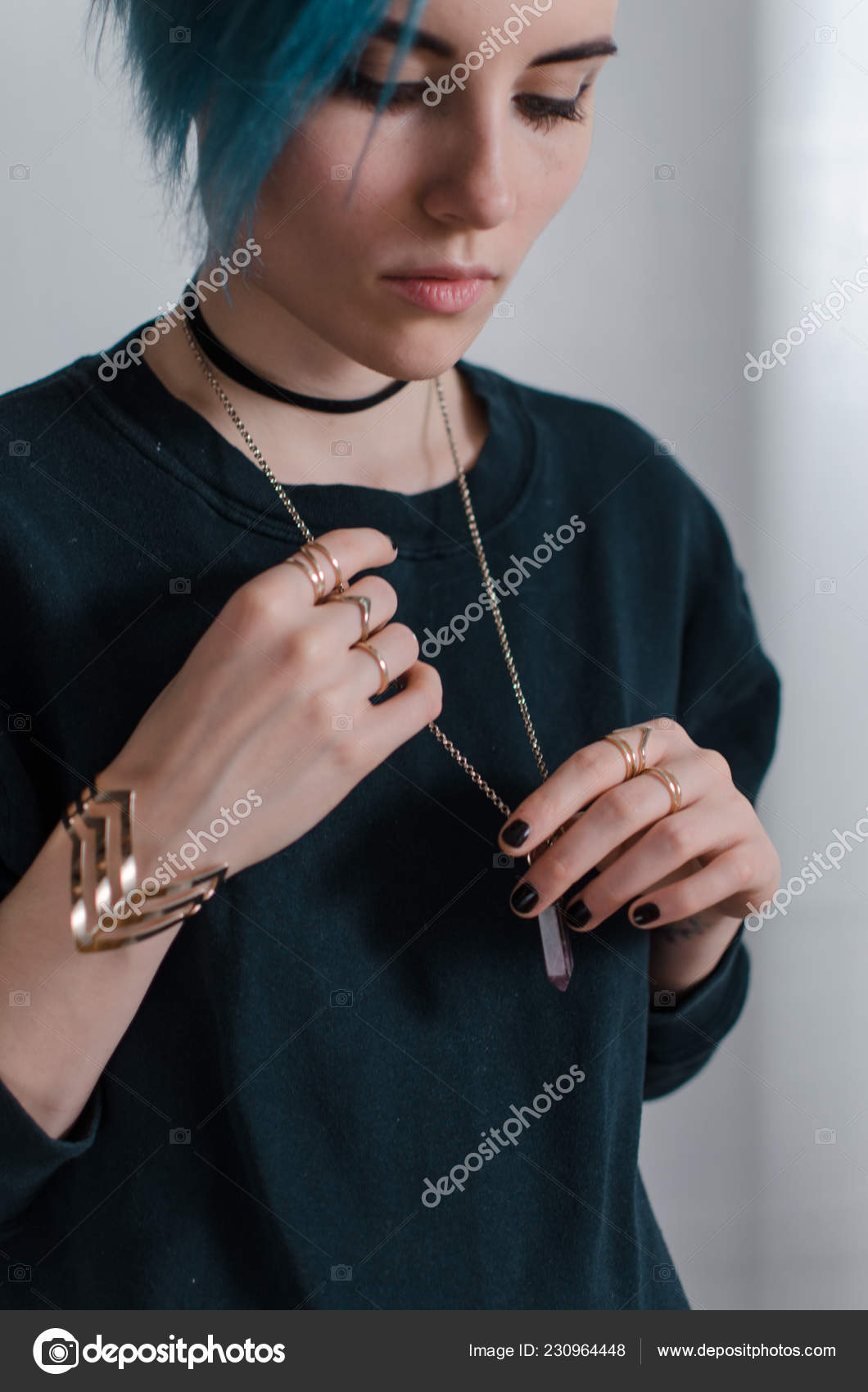 Pendant Girl s Neck Bracelet Hand Rings Fingers Girl Holds Pendant