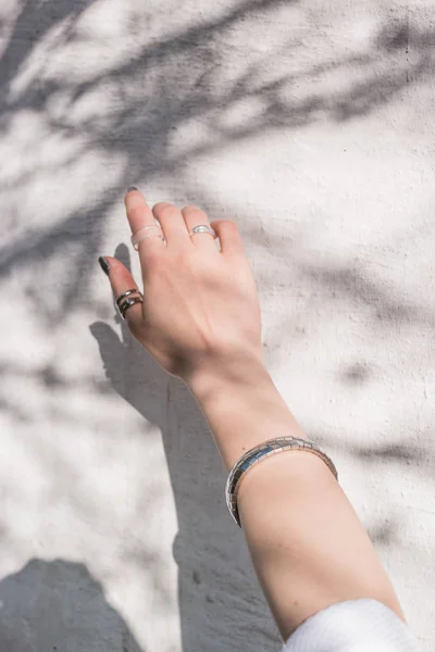 An abstract image of hand against the sun with shadow of a tree on white wall