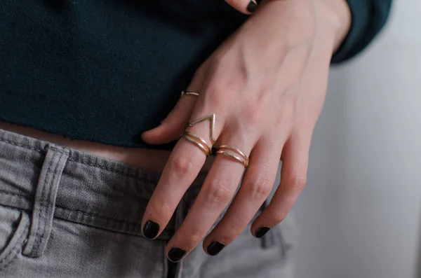 Girl Hands Golden Braceletsand Rings — Stock Photo, Image