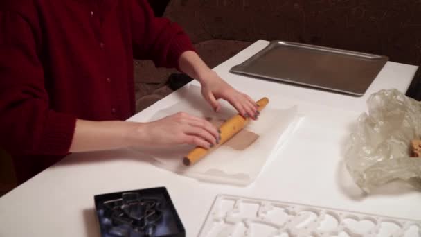 Nahaufnahme Von Mädchenhänden Die Selbst Gebackene Lebkuchen Herstellen Weihnachtsbacken Teig — Stockvideo