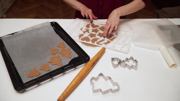 Nahaufnahme Von Mädchenhänden Die Selbst Gebackene Lebkuchen Herstellen Weihnachtsbacken Teig — Stockvideo