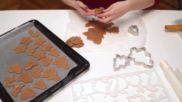 Nahaufnahme Von Mädchenhänden Die Selbst Gebackene Lebkuchen Herstellen Weihnachtsbacken Teig — Stockvideo