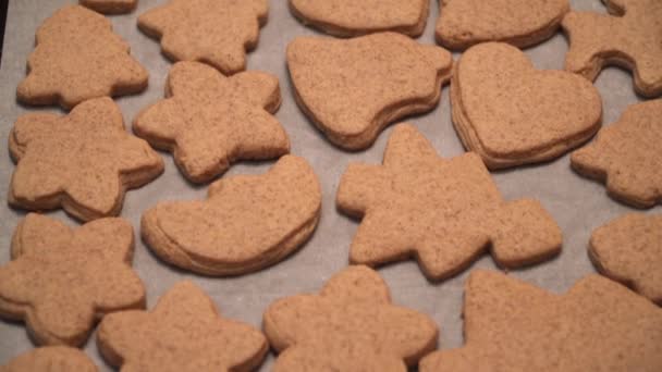 Close Ready Made Gingerbread Cookies Lying Table Ready Coated Glaze — Stock Video