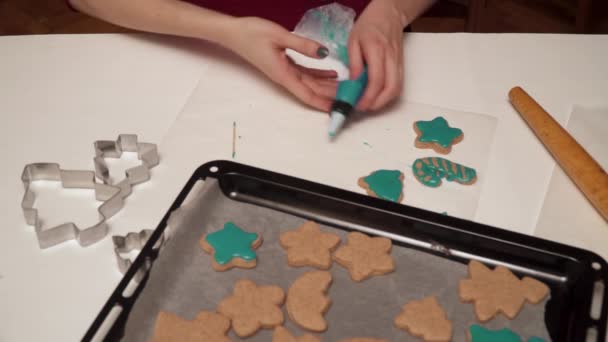 女の子を飾る手作りジンジャーブレッド クッキー色釉をクローズ アップ クリスマスのベーキング — ストック動画