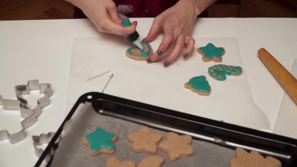 Κορίτσι Διακοσμεί Σπιτικό Μελόψωμο Cookies Χρωματιστό Γλάσο Κοντινό Ψήσιμο Χριστουγέννων — Αρχείο Βίντεο