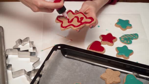 Girl Decorates Homemade Gingerbread Cookies Colored Glaze Close Christmas Baking — Stock Video