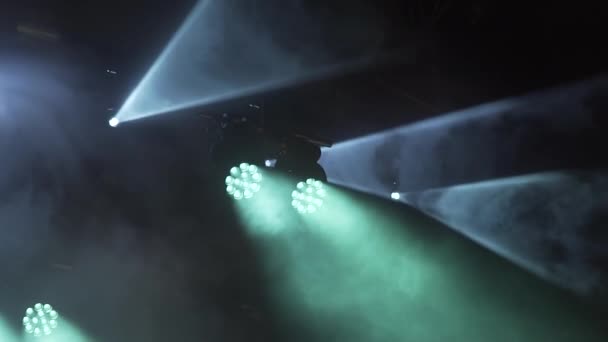 Stage Lights Turned Concert Blinking Shining Cones Light Smoke Big — Stock Video