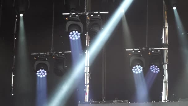 Stage Lights Turned Concert Blinking Shining Cones Light Smoke Big — Stock Video