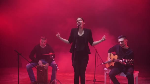 Banda Música Actuando Escenario Luz Roja Humo Fondo Tres Músicos — Vídeo de stock