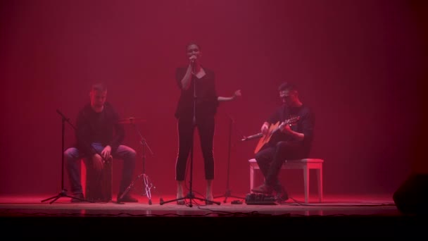 Banda Música Tocando Palco Luz Vermelha Fumaça Fundo Três Músicos — Vídeo de Stock