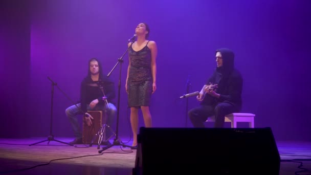 Μουσική Μπάντα Performing Επί Σκηνής Διαφορετικό Χρώμα Φως Και Τον — Αρχείο Βίντεο