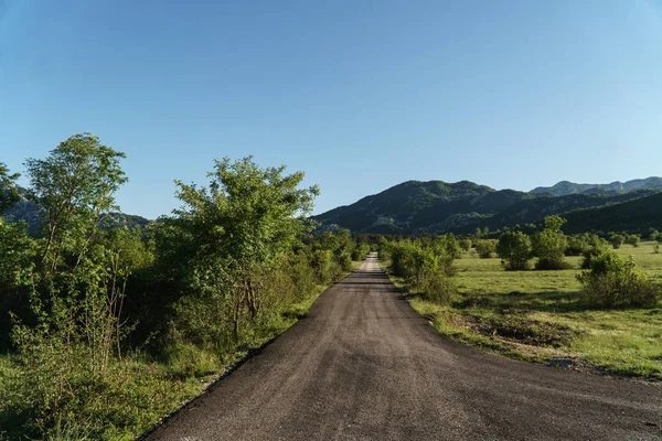Gire y camino recto conduce a las montañas con plantas verdes en el lado de la carretera . —  Fotos de Stock