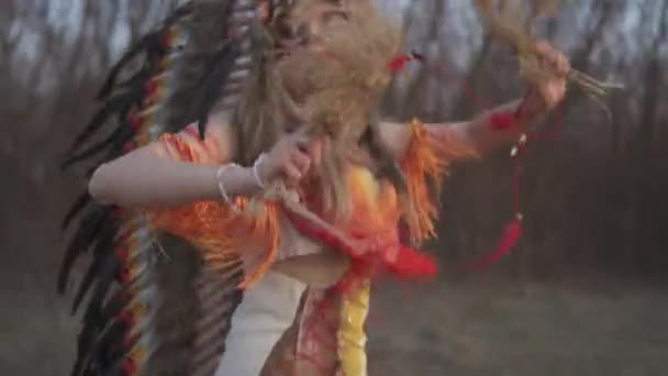 Belle Fille Coiffure Indienne Costume Avec Maquillage Coloré Fait Des — Video