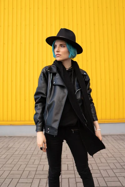 Girl Black Leather Jacket Hat Posing Street Background Wall Orange Stock Image