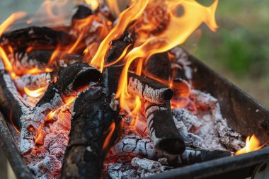 Yakın plan barbekü için odun yakıyorum.
