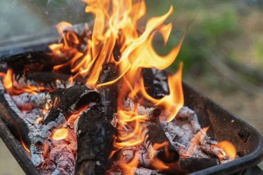 Yakın plan barbekü için odun yakıyorum.