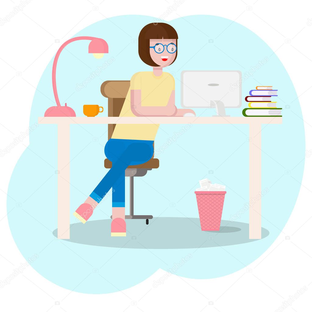 Workspace concept. Girl designer at workplace with a graphic tablet. Young graphic designer woman using a digital graphics tablet, computer and pen. Businesswoman sitting at the desk with computer.