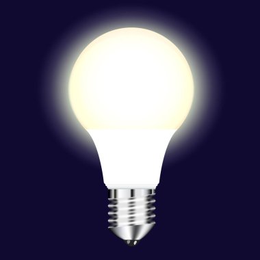 Vektör çizim modern Led Işık Ampüller ışık, gerçekçi parlak etkisi, izole küçük resim koyu arka plan üzerine sıcak