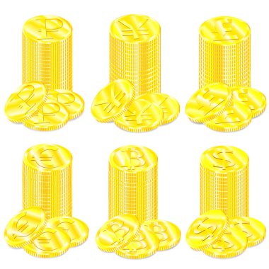 Çeşitli para birimi sembolleri dünya ile set altın sikkelerin çizim vektör