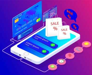 İsometry, renkli bir arka plan üzerinde online mağaza, elektronik alışveriş, satış çizim vektör.