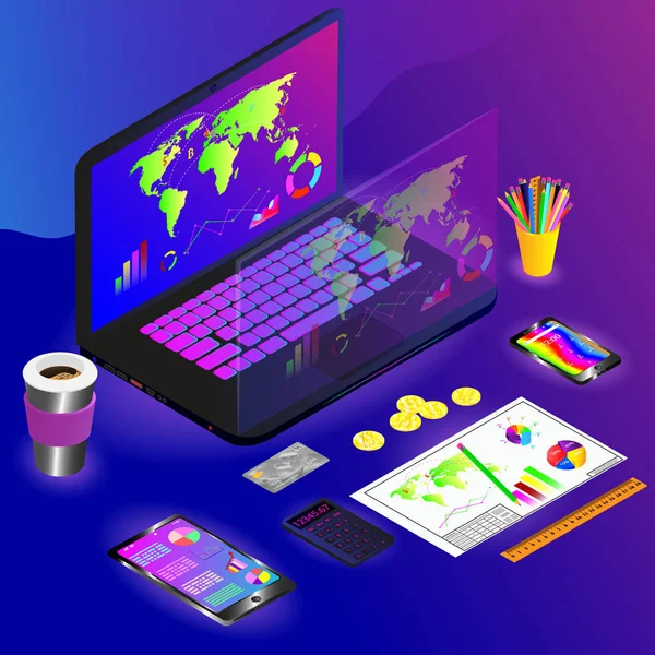 Farklı gadget'lar ile çalışma alanı çizim ve Infographic ile renkli bir arka plan üzerine çizim vektör