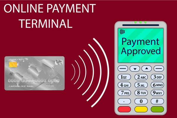 Vektor, der das Thema Online-Zahlungen aufgreift. Transaktionszahlungskarte online über das Terminal. E-Commerce, dargestellt auf hellem, farbigem Hintergrund — Stockvektor
