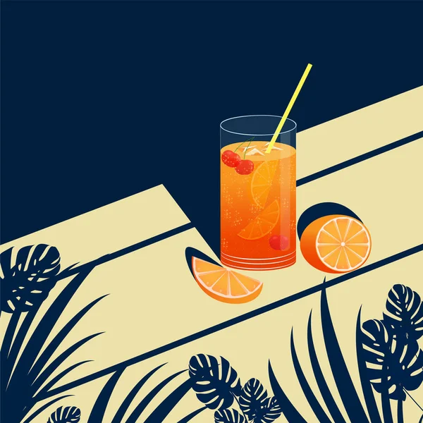 Ilustração vetorial com a imagem de uma bebida refrescante ou coquetel de frutas em um fundo tropical —  Vetores de Stock