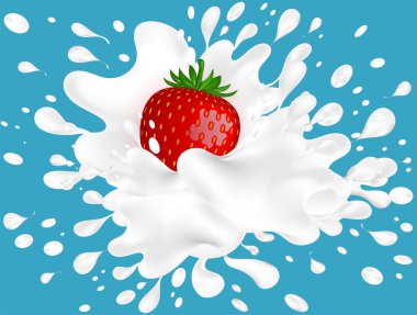 Gıda konsepti. Vektör illüstrasyon, mavi arka plan üzerinde krem ile gerçekçi çilek