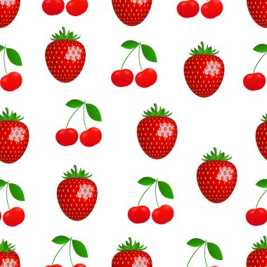 Desen. Gerçekçi, parlak, sulu çilek kiraz ve çilek vektör çizim.