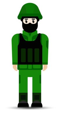 Vektör çizimi. Düz tarzda askeri kamuflaj üniformalı asker adam beyaz arka plan üzerinde izole