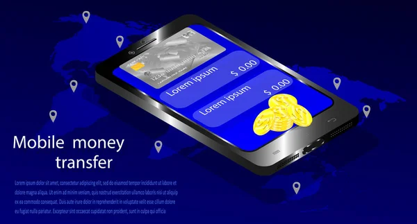 Kavram e-ticaret, Isometrik vektör illüstrasyon. Online mobil para transferi. Dünya işlemleri. Bir dünya haritası arka plan üzerinde banka kartı ve altın sikke ile Smartphone.