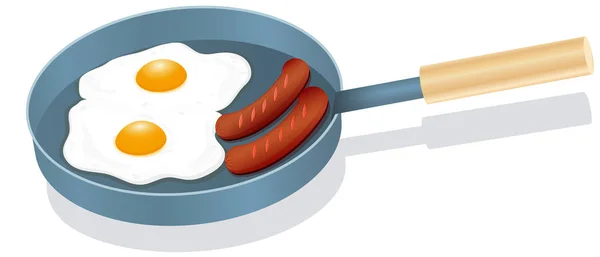 Vector drawing. Breakfast concept. Delicious breakfast sausages with eggs. — Stock Vector