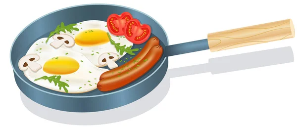 Rysowanie wektorowe. Koncepcja śniadaniowa. Pyszne kiełbaski śniadaniowe z jajkami i warzywami — Zdjęcie stockowe