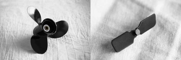 Bir teknenin pervaneleri ile RC helikopterinin doğal beyaz arka plandaki karşılaştırması.